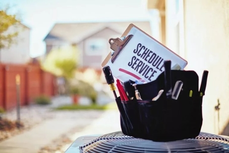 toolbox and clipboard sitting on an AC unit