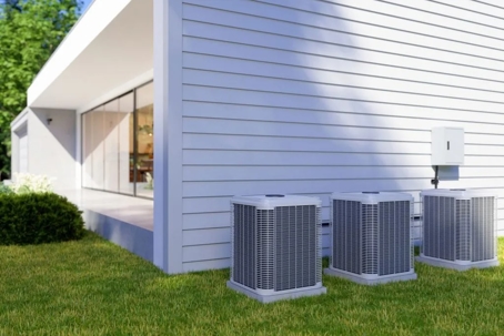 Three AC units sit neatly outside a modern home